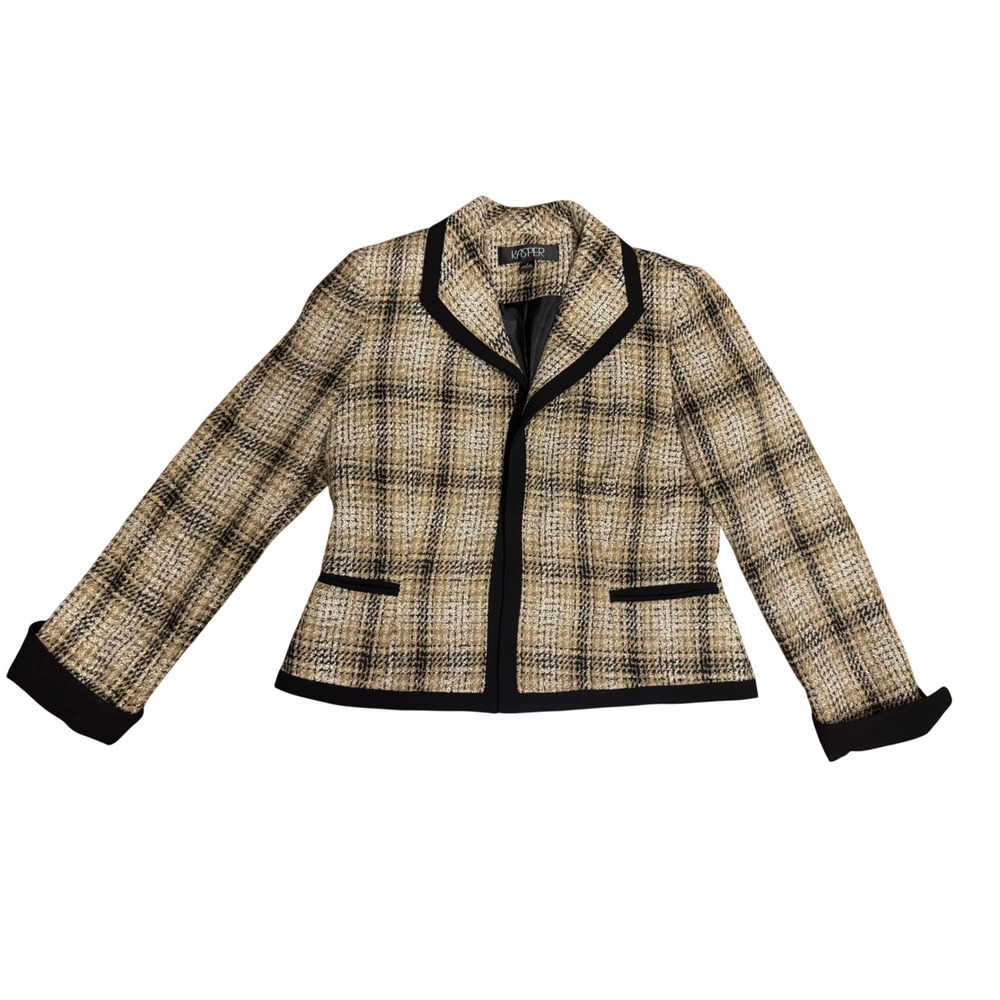 Kasper‎ Blazer Womens Size 4 Plaid Tweed Career Jacket Black Trim